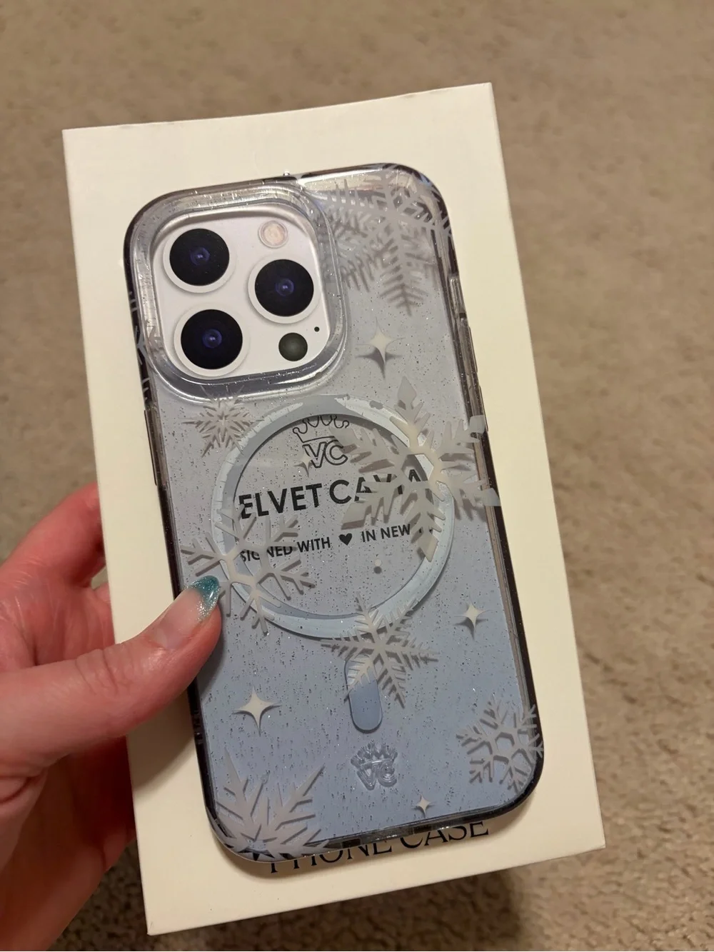 Velvet Caviar Snow Angel Glitter iPhone Case - Light Blue & White